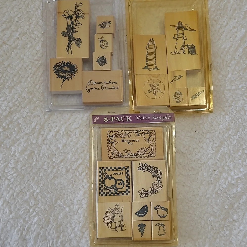 20 Wooden Stamps Lighthouse Seashells Fruit Flowers Bloom Where You're Planted